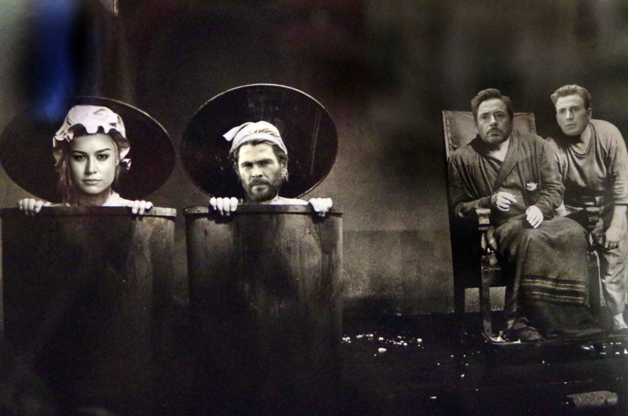 A production of Samuel Beckett's "Endgame" but with Captain Marvel, Thor, Iron Man, and Captain America photoshopped onto the main characters' faces