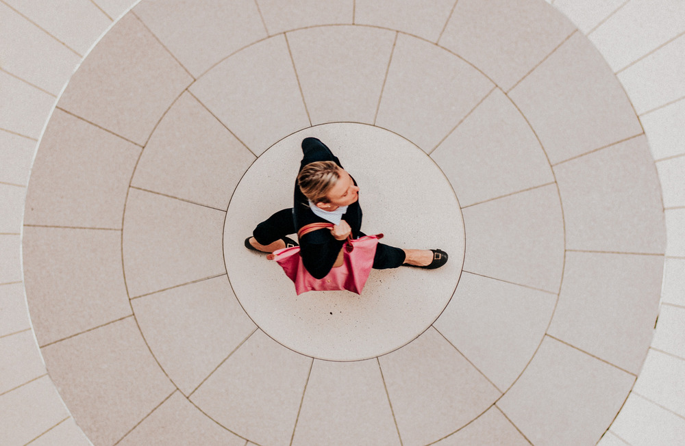 A bird's eye view of a business woman walking down the street